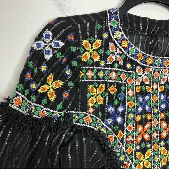 Zara boho metallic striped fringe embroidered blouse size small - Picture 4 of 7